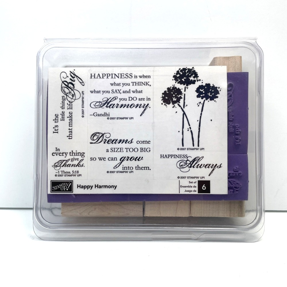 Stampin Up Happy Harmony Set Of 6  Wood Mounted Rubber Stamps 2007 Floral Script